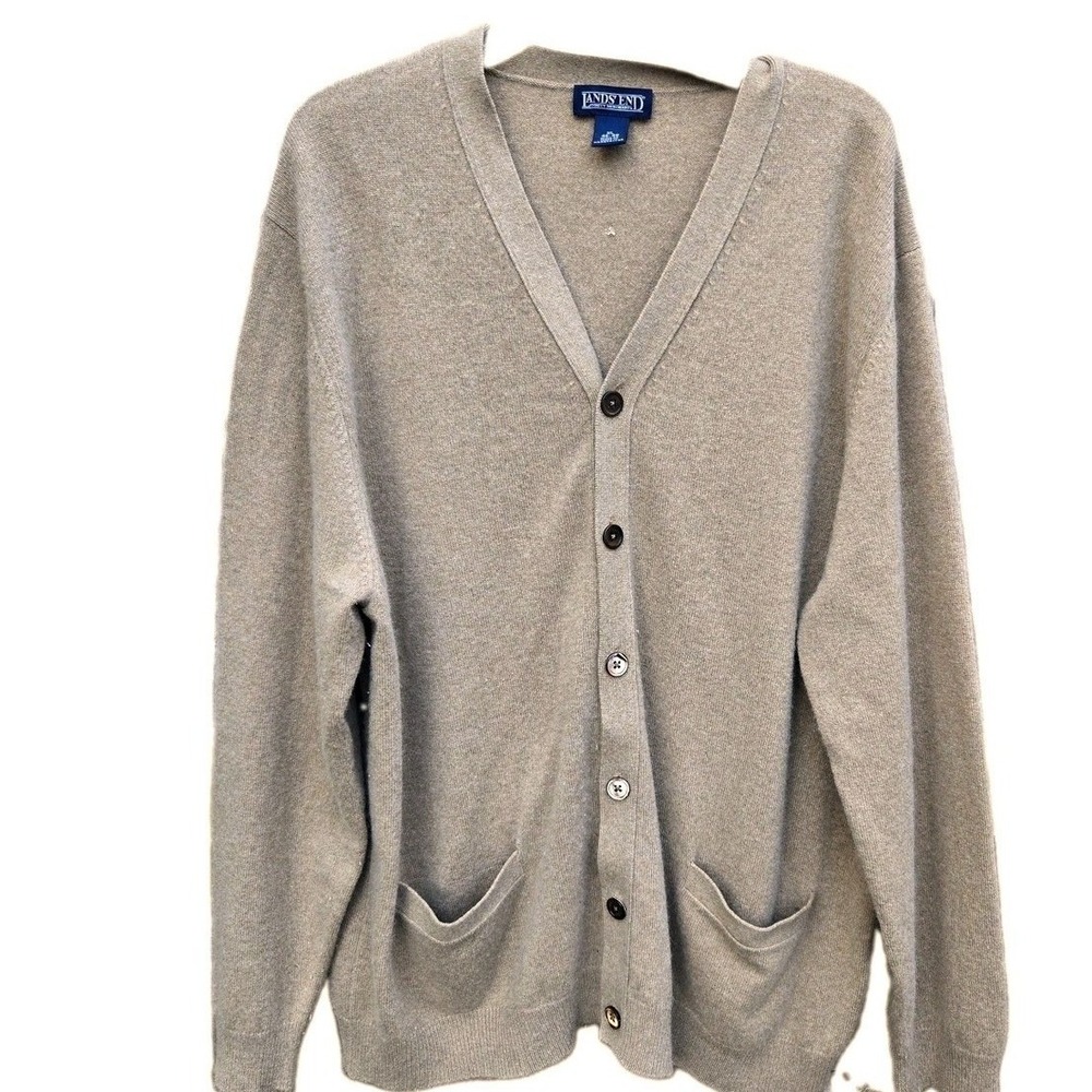 Lands End Womens 100% Cashmere Cardigan Sweater Long-Sleeve XL Luxury Tan *note